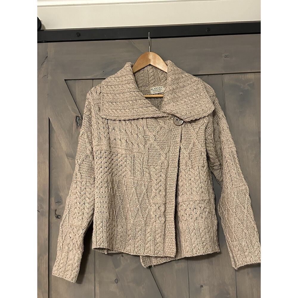 Blarney Woollen Mills Ireland Women M Aran Cardigan Cable Knit Fisherman Cottage